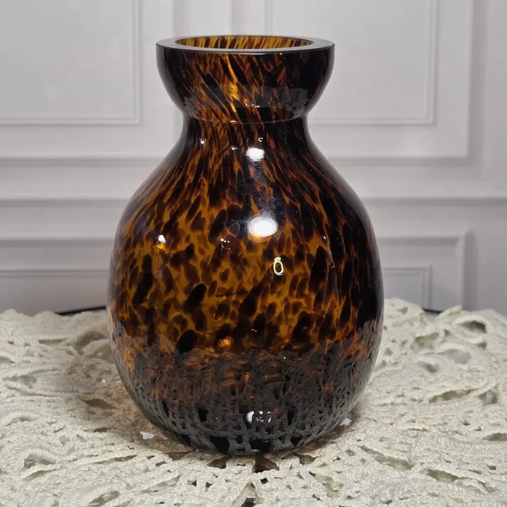 Vintage Estate Murano Style Hand Blown Art Glass Vases Tortoiseshell Patterns